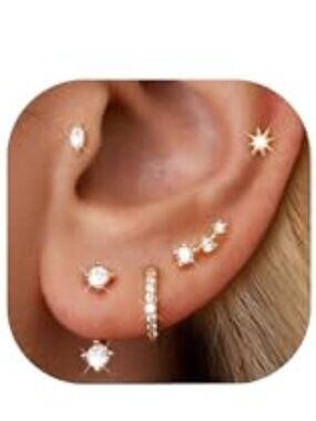 6 Pairs 14K Gold Plated Stud Earrings for Women, Hypoallergenic Cartilage